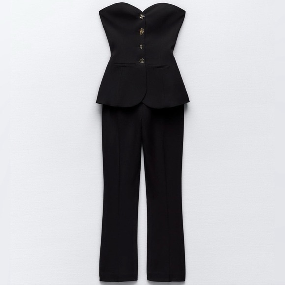NWT ZARA TWO-PIECE FLARED JUMPSUIT BLACK STRAPLESS - Picture 5 of 16